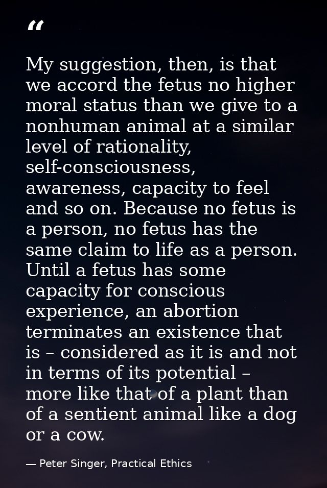 My suggestion, then, is that we accord the fetus no higher moral status than we give to a nonhuman animal at a similar l — Peter Singer, Practical Ethics