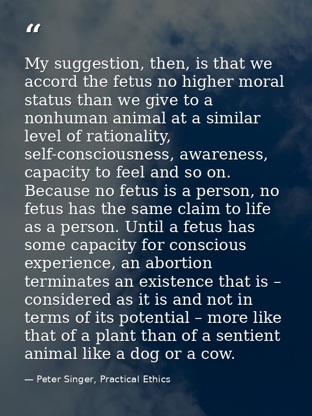 My suggestion, then, is that we accord the fetus no higher moral status than we give to a nonhuman animal at a similar l — Peter Singer, Practical Ethics