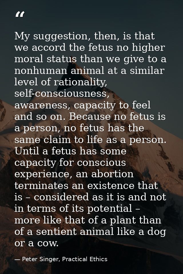 My suggestion, then, is that we accord the fetus no higher moral status than we give to a nonhuman animal at a similar l — Peter Singer, Practical Ethics
