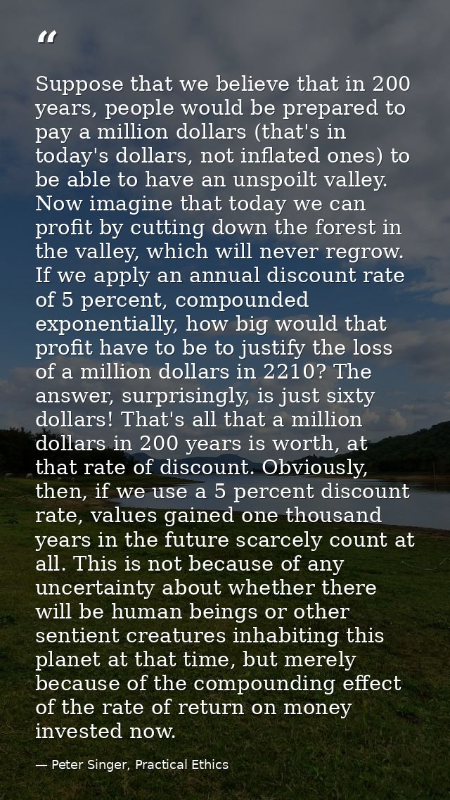 Suppose that we believe that in 200 years, people would be prepared to pay a million dollars (that's in today's dollars, — Peter Singer, Practical Ethics
