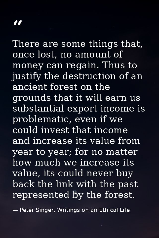 There are some things that, once lost, no amount of money can regain. Thus to justify the destruction of an ancient fore — Peter Singer, Writings on an Ethical Life