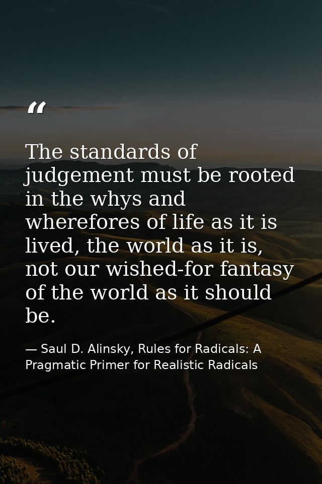 The standards of judgement must be rooted in the whys and wherefores of life as it is lived, the world as it is, not our — Saul D. Alinsky, Rules for Radicals: A Pragmatic Primer for Realistic Radicals