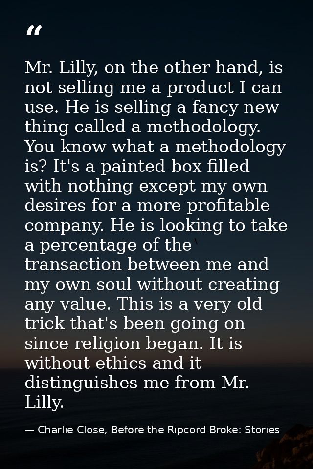Mr. Lilly, on the other hand, is not selling me a product I can use. He is selling a fancy new thing called a methodolog — Charlie Close, Before the Ripcord Broke: Stories