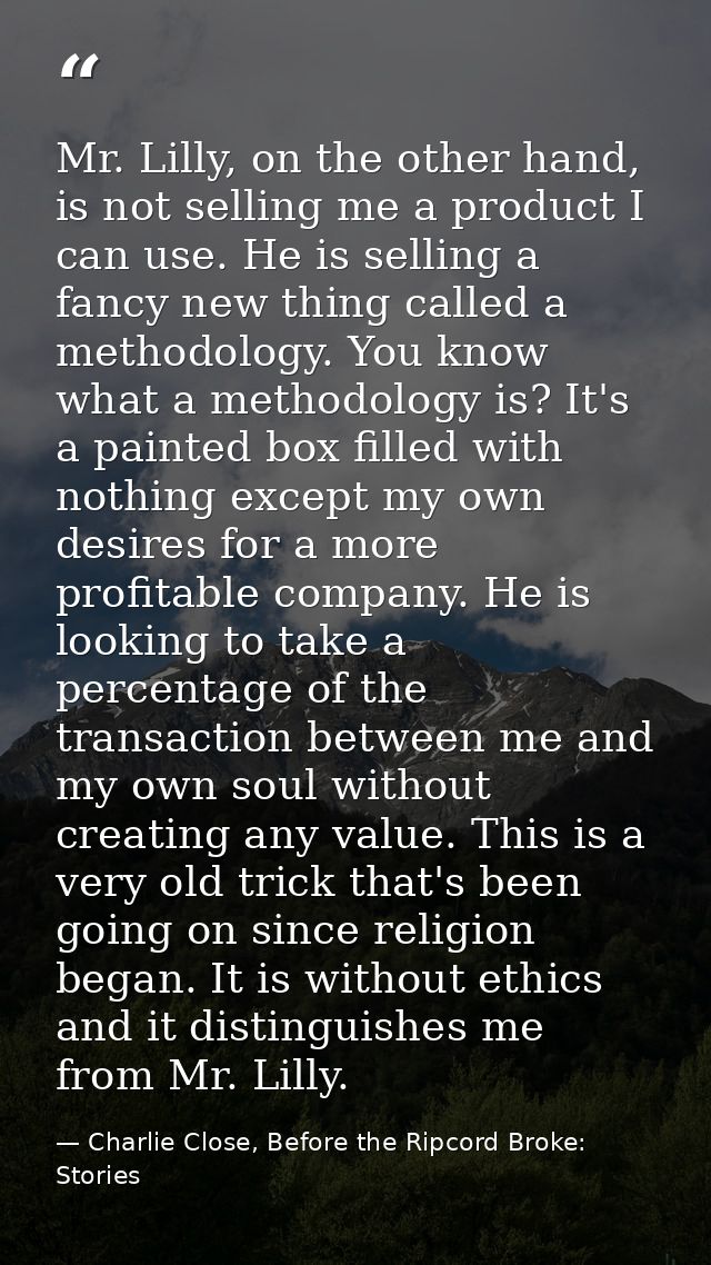 Mr. Lilly, on the other hand, is not selling me a product I can use. He is selling a fancy new thing called a methodolog — Charlie Close, Before the Ripcord Broke: Stories