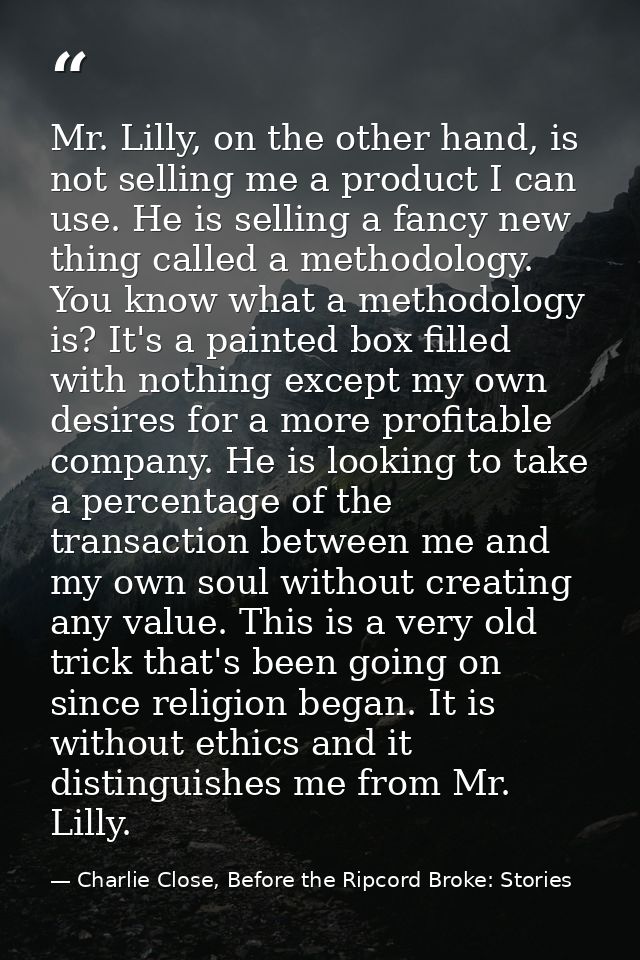 Mr. Lilly, on the other hand, is not selling me a product I can use. He is selling a fancy new thing called a methodolog — Charlie Close, Before the Ripcord Broke: Stories