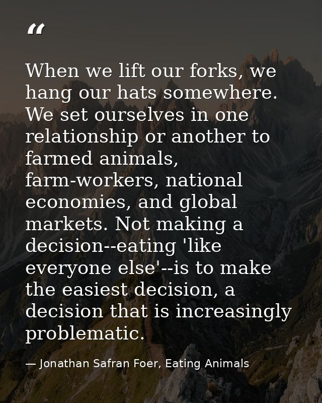 When we lift our forks, we hang our hats somewhere. We set ourselves in one relationship or another to farmed animals, f — Jonathan Safran Foer, Eating Animals