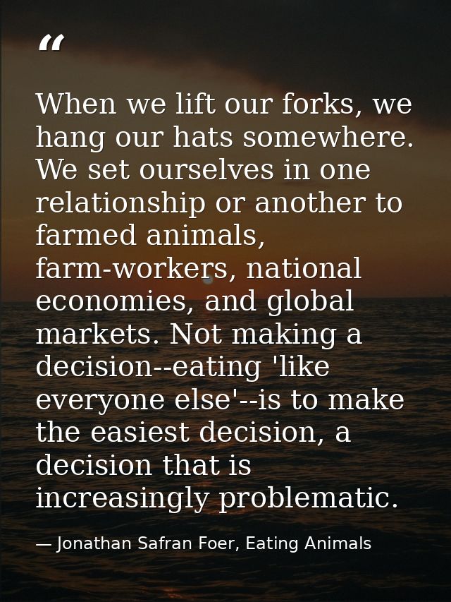 When we lift our forks, we hang our hats somewhere. We set ourselves in one relationship or another to farmed animals, f — Jonathan Safran Foer, Eating Animals