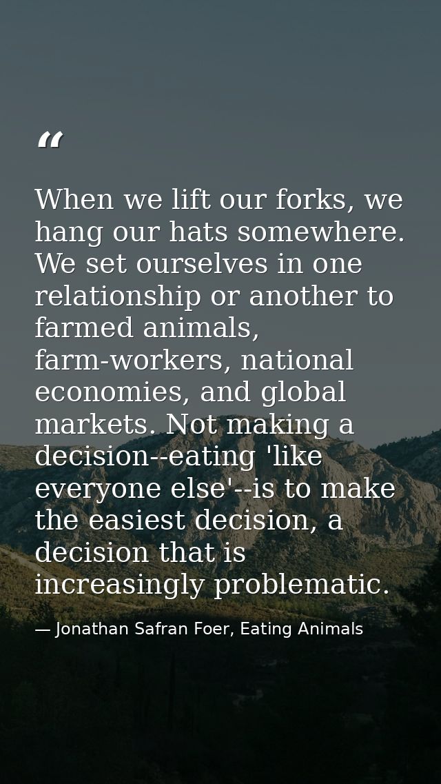 When we lift our forks, we hang our hats somewhere. We set ourselves in one relationship or another to farmed animals, f — Jonathan Safran Foer, Eating Animals