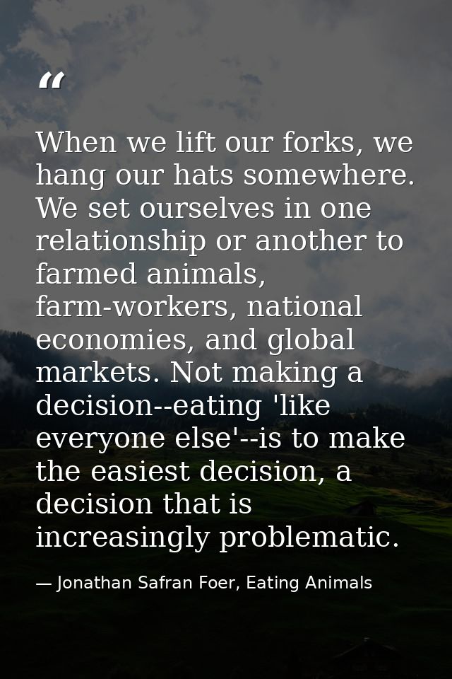 When we lift our forks, we hang our hats somewhere. We set ourselves in one relationship or another to farmed animals, f — Jonathan Safran Foer, Eating Animals