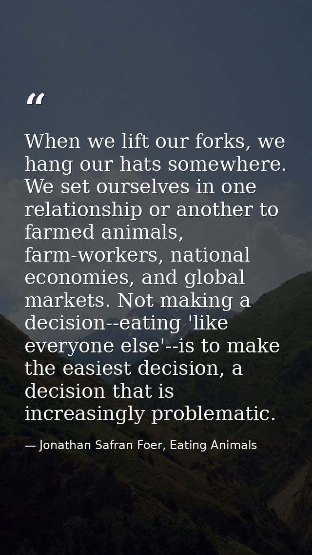 When we lift our forks, we hang our hats somewhere. We set ourselves in one relationship or another to farmed animals, f — Jonathan Safran Foer, Eating Animals