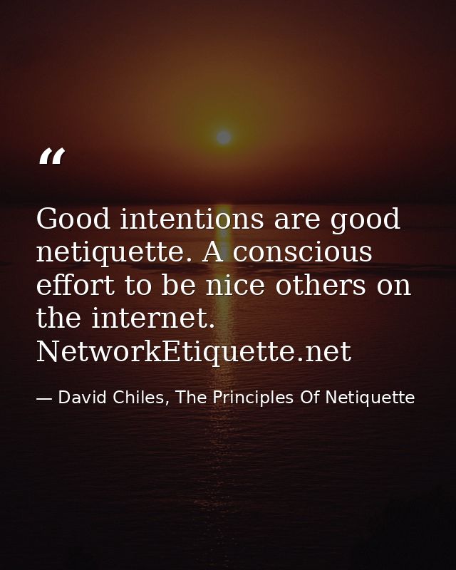Good intentions are good netiquette. A conscious effort to be nice others on the internet. NetworkEtiquette.net — David Chiles, The Principles Of Netiquette