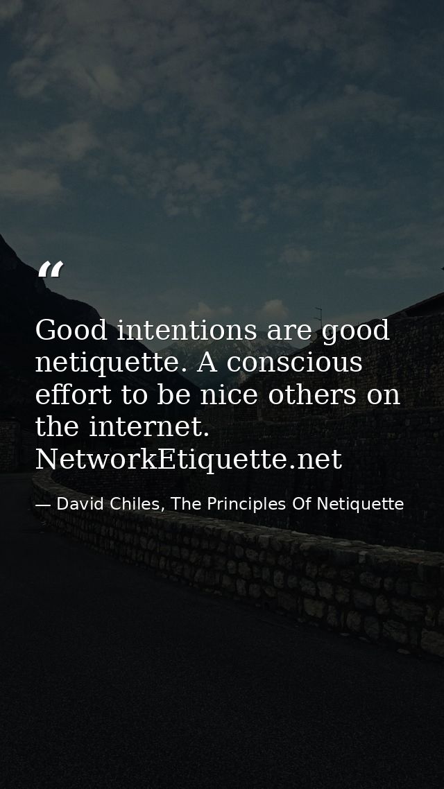 Good intentions are good netiquette. A conscious effort to be nice others on the internet. NetworkEtiquette.net — David Chiles, The Principles Of Netiquette