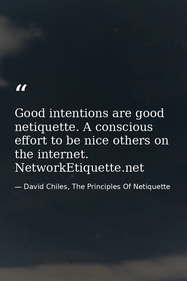 Good intentions are good netiquette. A conscious effort to be nice others on the internet. NetworkEtiquette.net — David Chiles, The Principles Of Netiquette