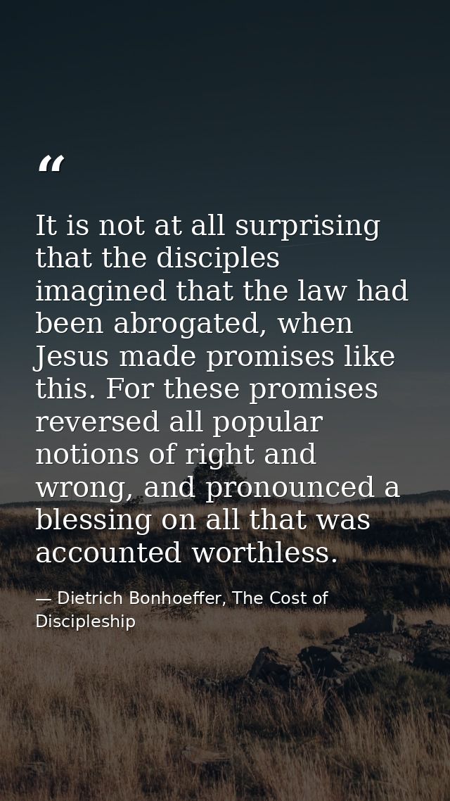 It is not at all surprising that the disciples imagined that the law had been abrogated, when Jesus made promises like t — Dietrich Bonhoeffer, The Cost of Discipleship