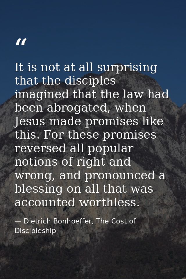 It is not at all surprising that the disciples imagined that the law had been abrogated, when Jesus made promises like t — Dietrich Bonhoeffer, The Cost of Discipleship