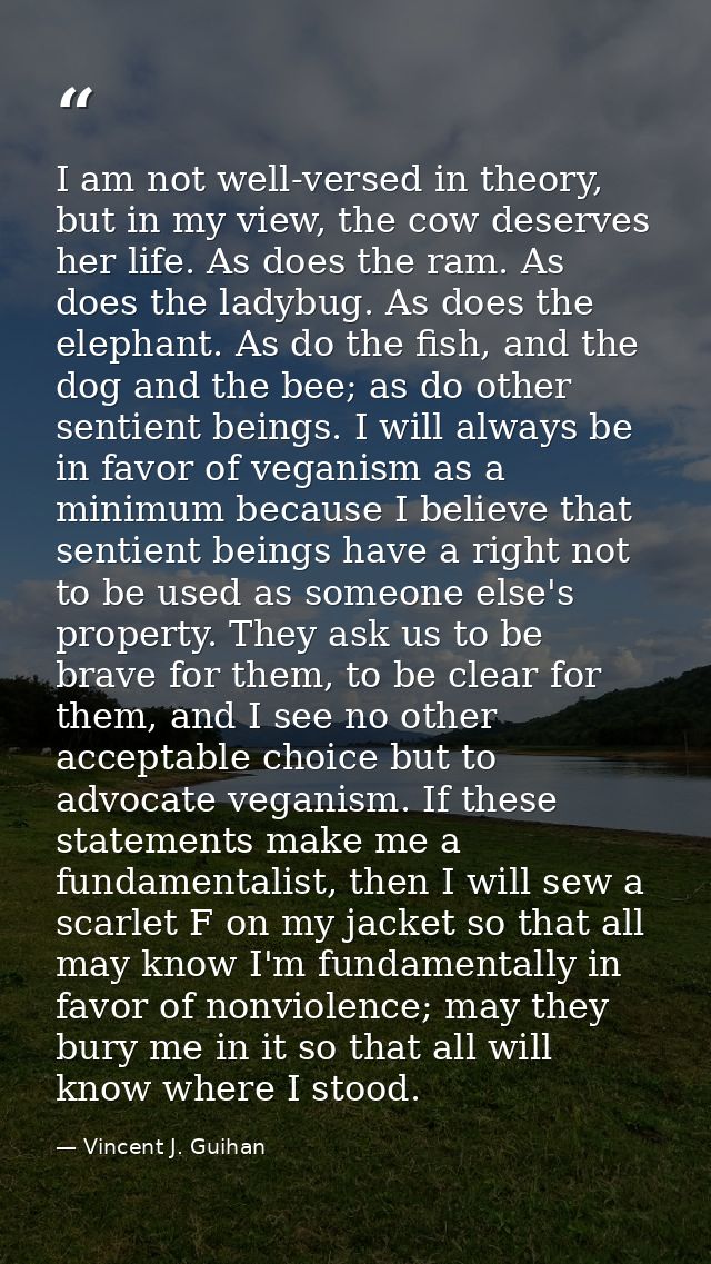 I am not well-versed in theory, but in my view, the cow deserves her life. As does the ram. As does the ladybug. As does — Vincent J. Guihan