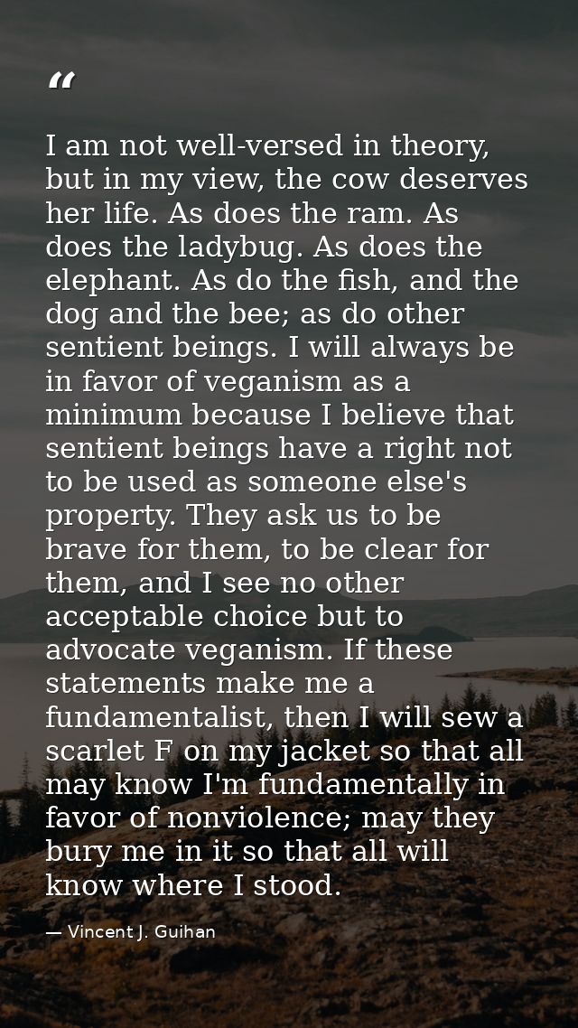 I am not well-versed in theory, but in my view, the cow deserves her life. As does the ram. As does the ladybug. As does — Vincent J. Guihan