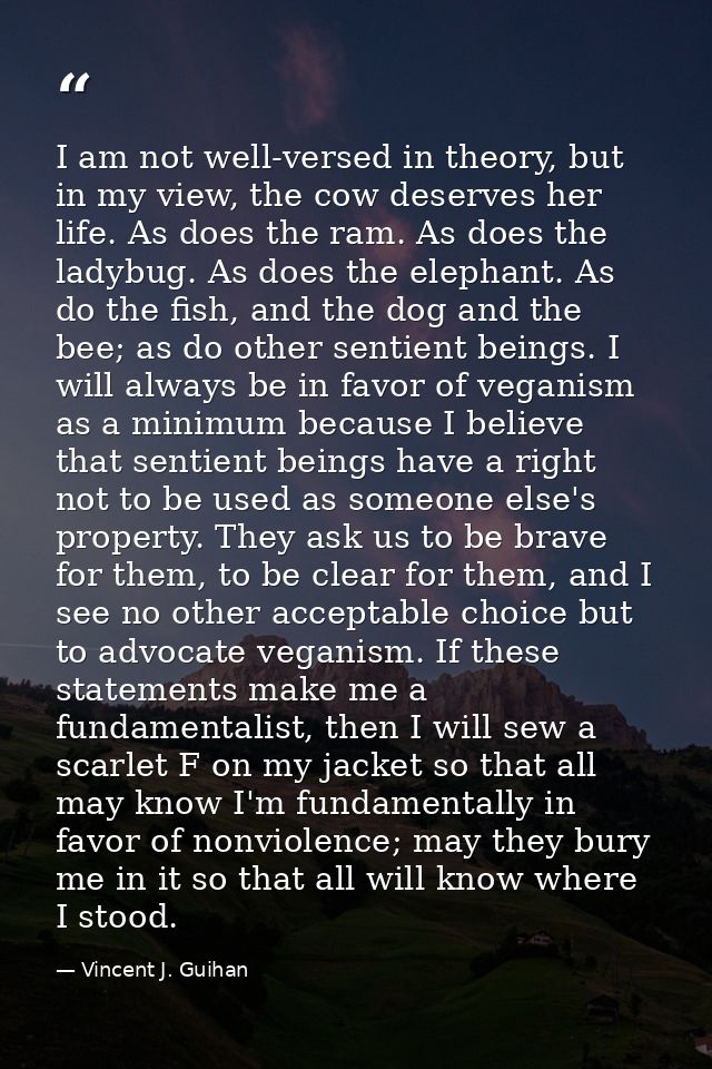 I am not well-versed in theory, but in my view, the cow deserves her life. As does the ram. As does the ladybug. As does — Vincent J. Guihan