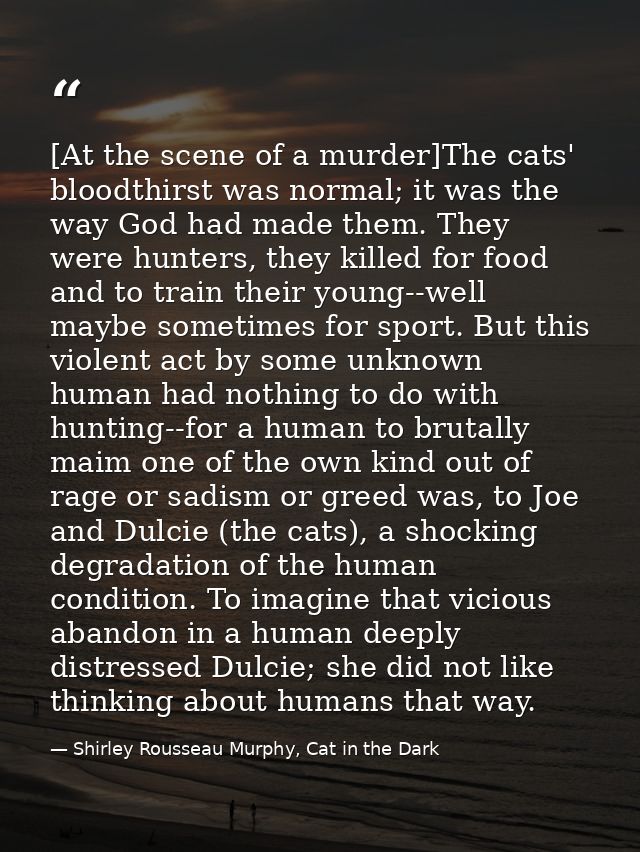 [At the scene of a murder]The cats' bloodthirst was normal; it was the way God had made them. They were hunters, they ki — Shirley Rousseau Murphy, Cat in the Dark