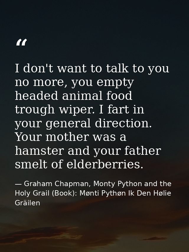 I don't want to talk to you no more, you empty headed animal food trough wiper. I fart in your general direction. Your m — Graham Chapman, Monty Python and the Holy Grail (Book): Mønti Pythøn Ik Den Hølie Gräilen