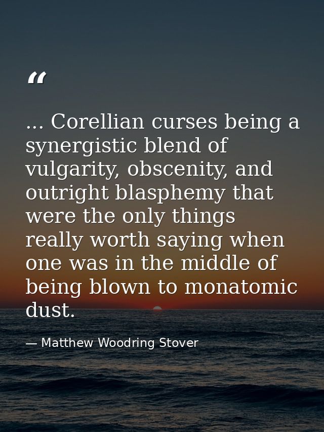 ... Corellian curses being a synergistic blend of vulgarity, obscenity, and outright blasphemy that were the only things — Matthew Woodring Stover