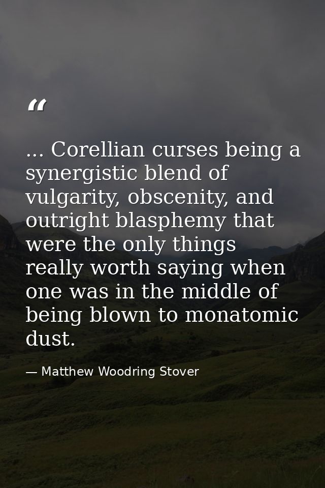 ... Corellian curses being a synergistic blend of vulgarity, obscenity, and outright blasphemy that were the only things — Matthew Woodring Stover