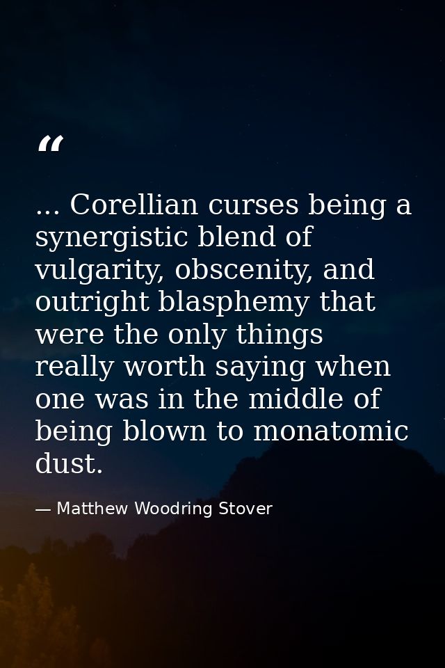 ... Corellian curses being a synergistic blend of vulgarity, obscenity, and outright blasphemy that were the only things — Matthew Woodring Stover