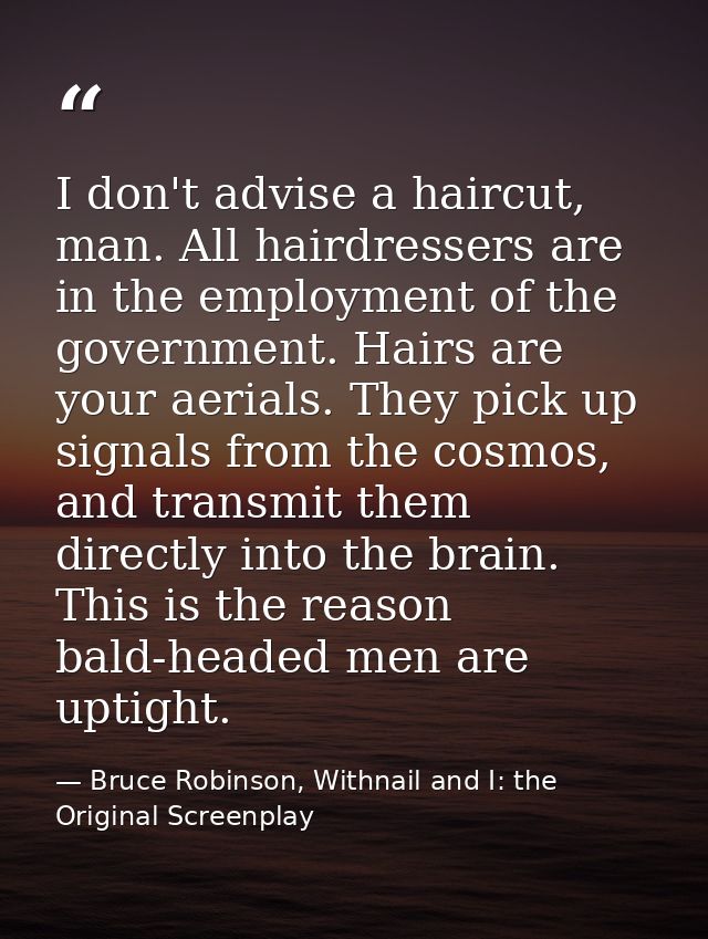 I don't advise a haircut, man. All hairdressers are in the employment of the government. Hairs are your aerials. They pi — Bruce Robinson, Withnail and I: the Original Screenplay