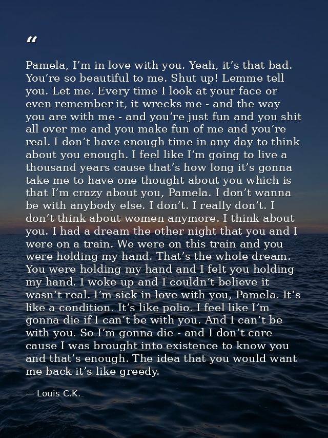 Pamela, I’m in love with you. Yeah, it’s that bad. You’re so beautiful to me. Shut up! Lemme tell you. Let me. Every tim — Louis C.K.