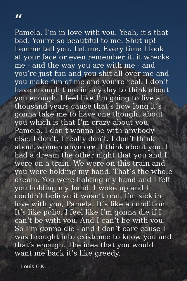 Pamela, I’m in love with you. Yeah, it’s that bad. You’re so beautiful to me. Shut up! Lemme tell you. Let me. Every tim — Louis C.K.