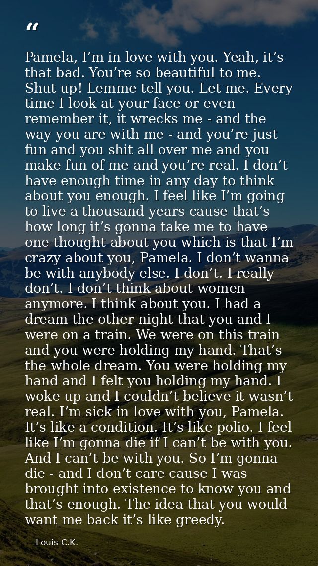 Pamela, I’m in love with you. Yeah, it’s that bad. You’re so beautiful to me. Shut up! Lemme tell you. Let me. Every tim — Louis C.K.