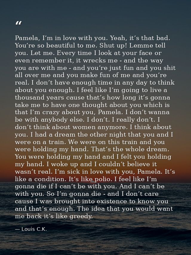 Pamela, I’m in love with you. Yeah, it’s that bad. You’re so beautiful to me. Shut up! Lemme tell you. Let me. Every tim — Louis C.K.