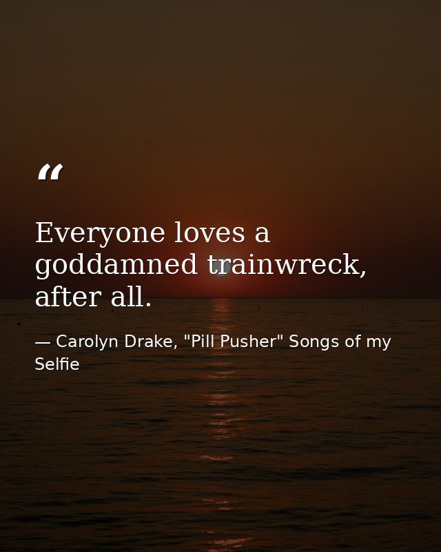 Everyone loves a goddamned trainwreck, after all. — Carolyn Drake, "Pill Pusher" Songs of my Selfie