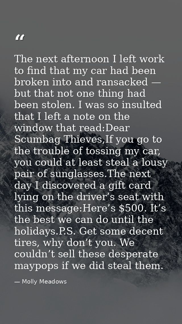 The next afternoon I left work to find that my car had been broken into and ransacked — but that not one thing had been  — Molly Meadows