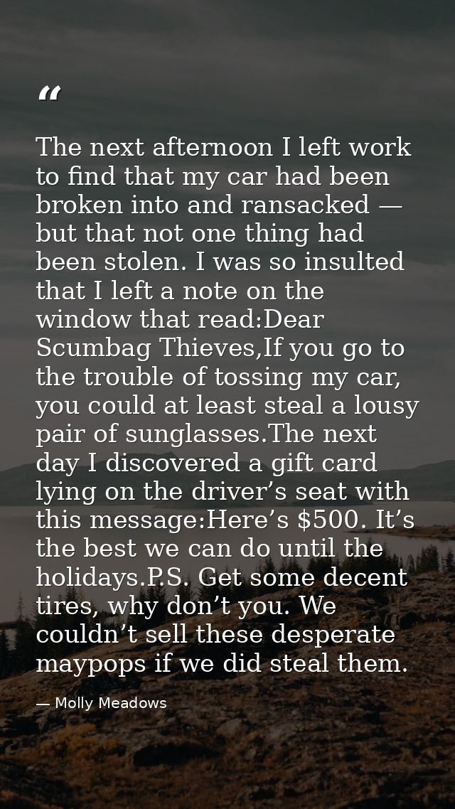 The next afternoon I left work to find that my car had been broken into and ransacked — but that not one thing had been  — Molly Meadows