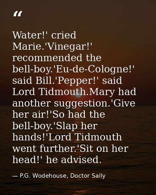 Water!' cried Marie.'Vinegar!' recommended the bell-boy.'Eu-de-Cologne!' said Bill.'Pepper!' said Lord Tidmouth.Mary had — P.G. Wodehouse, Doctor Sally