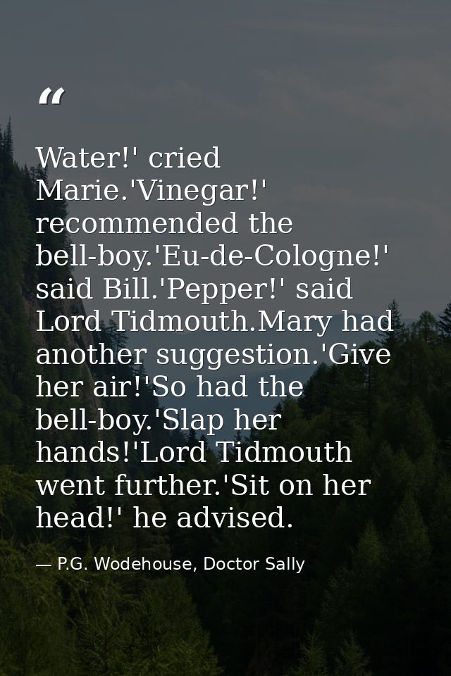 Water!' cried Marie.'Vinegar!' recommended the bell-boy.'Eu-de-Cologne!' said Bill.'Pepper!' said Lord Tidmouth.Mary had — P.G. Wodehouse, Doctor Sally