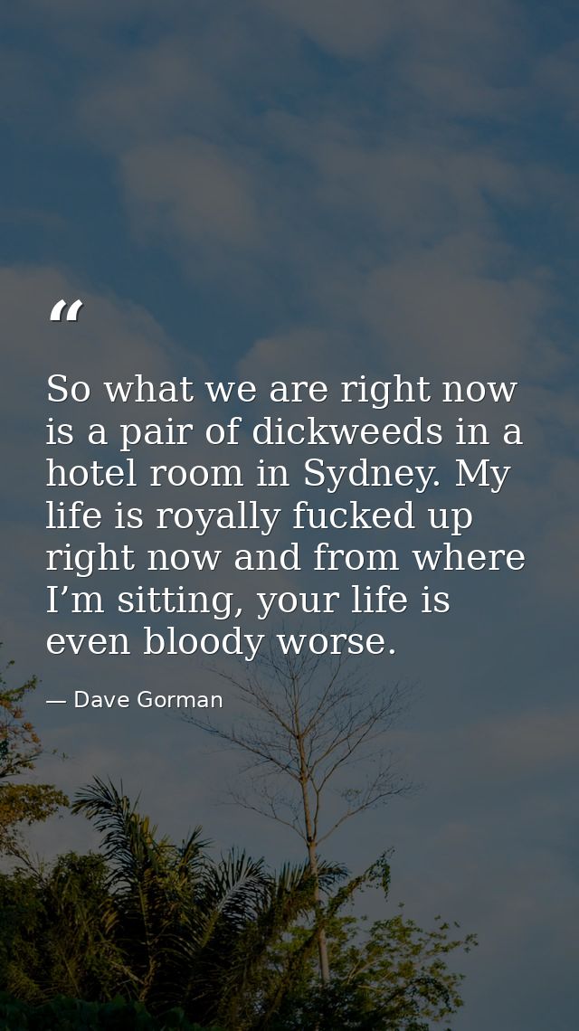 So what we are right now is a pair of dickweeds in a hotel room in Sydney. My life is royally fucked up right now and fr — Dave Gorman