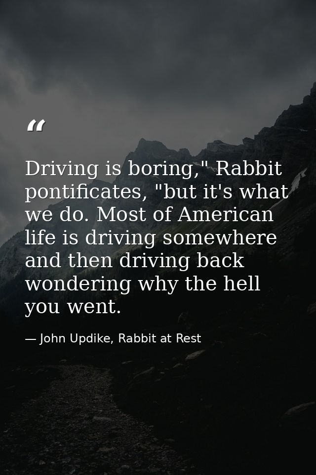 Driving is boring," Rabbit pontificates, "but it's what we do. Most of American life is driving somewhere and then drivi — John Updike, Rabbit at Rest