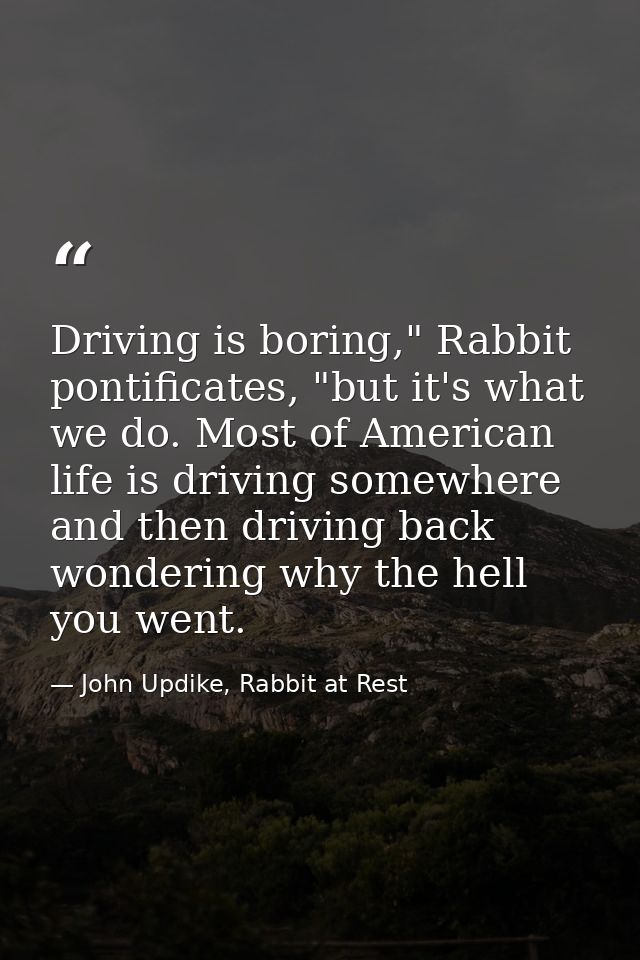 Driving is boring," Rabbit pontificates, "but it's what we do. Most of American life is driving somewhere and then drivi — John Updike, Rabbit at Rest