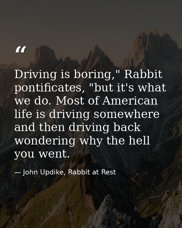 Driving is boring," Rabbit pontificates, "but it's what we do. Most of American life is driving somewhere and then drivi — John Updike, Rabbit at Rest