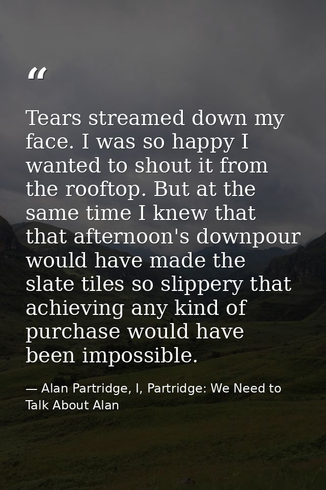 Tears streamed down my face. I was so happy I wanted to shout it from the rooftop. But at the same time I knew that that — Alan Partridge, I, Partridge: We Need to Talk About Alan