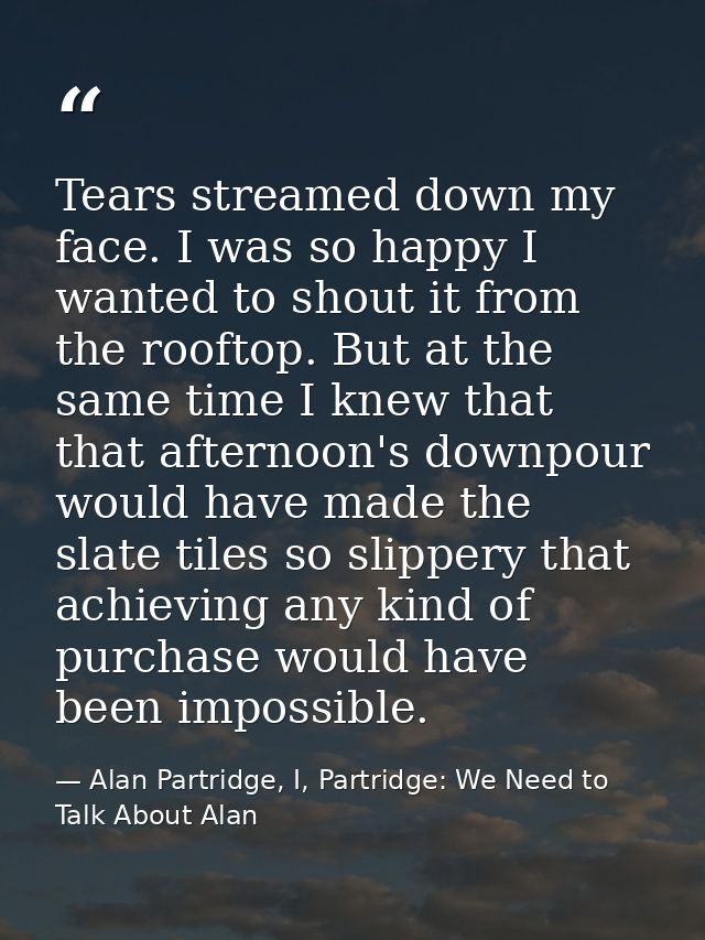 Tears streamed down my face. I was so happy I wanted to shout it from the rooftop. But at the same time I knew that that — Alan Partridge, I, Partridge: We Need to Talk About Alan