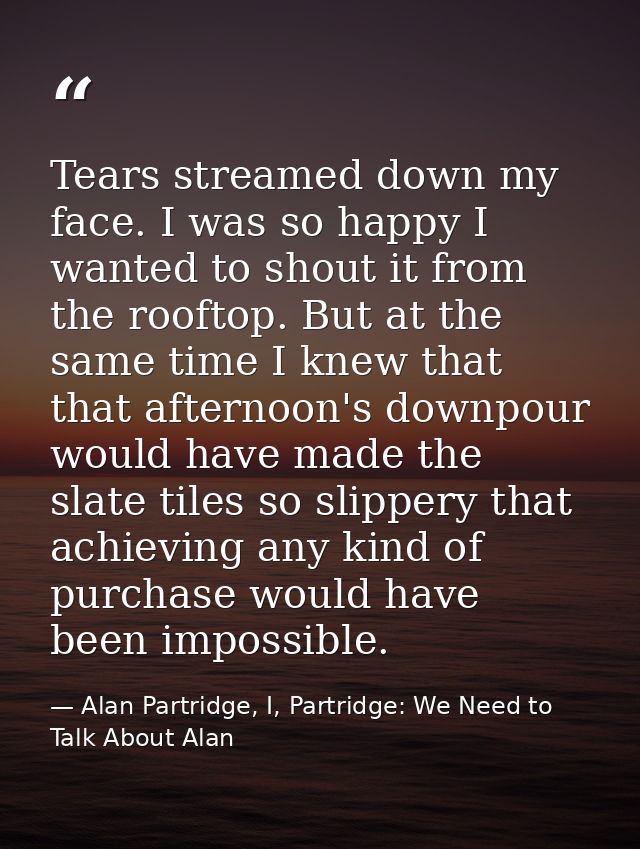 Tears streamed down my face. I was so happy I wanted to shout it from the rooftop. But at the same time I knew that that — Alan Partridge, I, Partridge: We Need to Talk About Alan