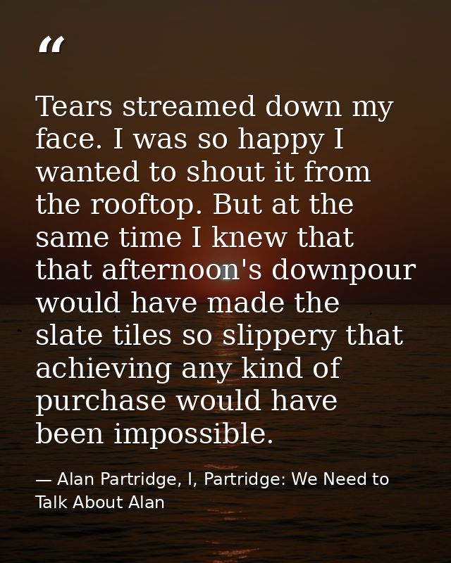 Tears streamed down my face. I was so happy I wanted to shout it from the rooftop. But at the same time I knew that that — Alan Partridge, I, Partridge: We Need to Talk About Alan