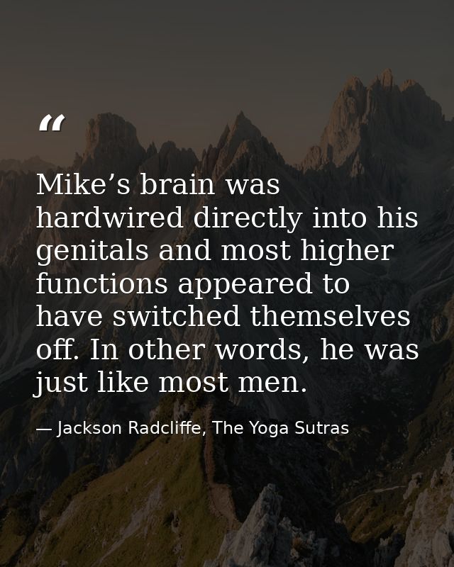 Mike’s brain was hardwired directly into his genitals and most higher functions appeared to have switched themselves off — Jackson Radcliffe, The Yoga Sutras