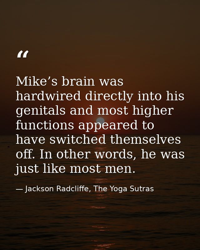 Mike’s brain was hardwired directly into his genitals and most higher functions appeared to have switched themselves off — Jackson Radcliffe, The Yoga Sutras