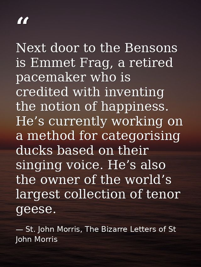 Next door to the Bensons is Emmet Frag, a retired pacemaker who is credited with inventing the notion of happiness. He’s — St. John Morris, The Bizarre Letters of St John Morris