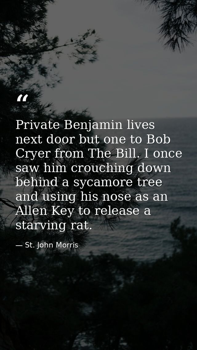 Private Benjamin lives next door but one to Bob Cryer from The Bill. I once saw him crouching down behind a sycamore tre — St. John Morris