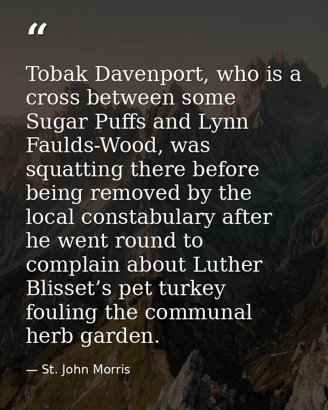 Tobak Davenport, who is a cross between some Sugar Puffs and Lynn Faulds-Wood, was squatting there before being removed  — St. John Morris